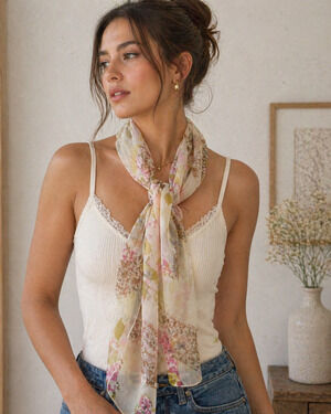 Sheer Floral Scarf Silk Like Romantic Cottagecore Lightweight Rectangle 13x60